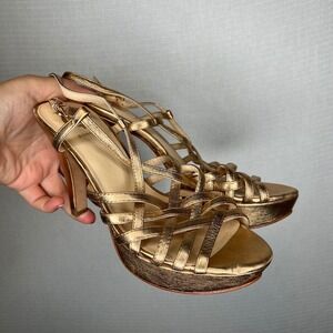 Vince Camino VC Signature Metallic Gold Strappy‎ Heels Toe Ankle Strap Sz 8 / 38